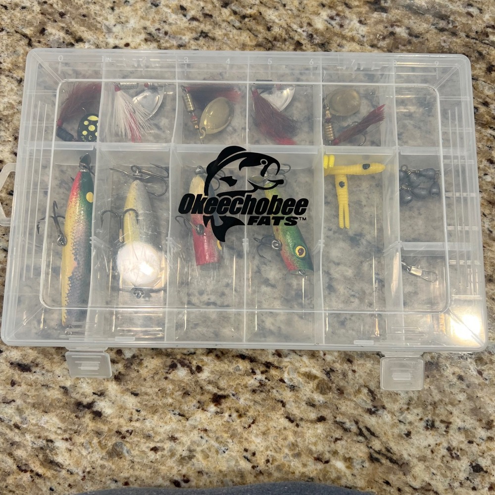 Okeechobee Fats Tackle Box with Vintage Lures Spinners Prop Baits and Weights